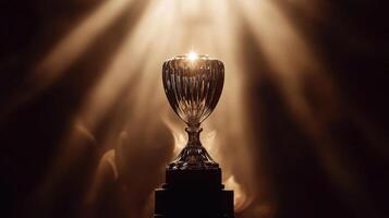 Illuminated gold trophy in glowing spotlight symbolizing victory and achievement photo