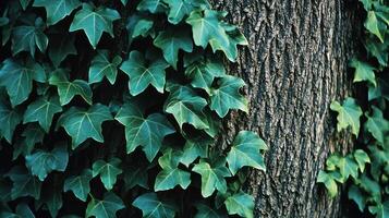 Lush green ivy climbing a tree trunk in a forest environment photo