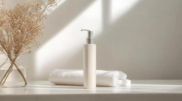 Minimalist skincare product bottle with towel and dried flowers in sunlight photo