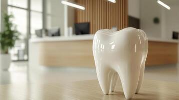 Dental office interior with large tooth model as a modern symbol of oral health photo