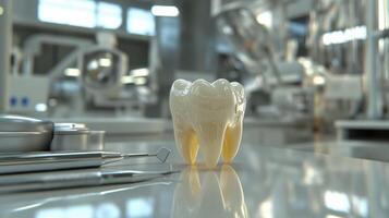Dental tool and tooth model in high-tech medical laboratory setting photo