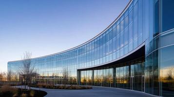 Modern office building with curved glass facade reflecting clear sky at dusk photo