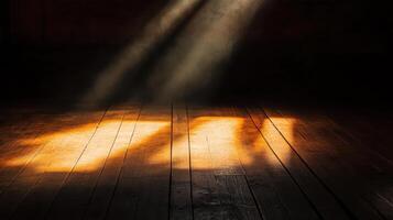Sunlight casting shadows on wooden floor in dark room creating serene atmosphere photo