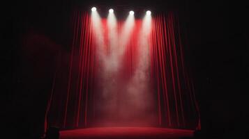 Dramatic theater stage with red curtains and spotlight illumination photo