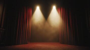 Dramatic theater stage with spotlight and red curtains in performance venue photo