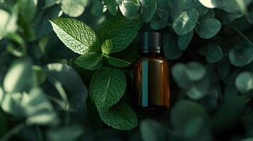 Aromatherapy concept with essential oil bottle surrounded by fresh mint leaves photo