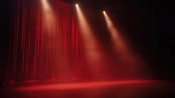 Glowing stage with red curtains and dramatic lighting in theater setting photo