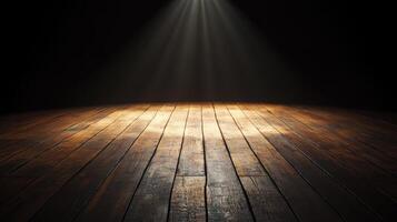Spotlight shining on wooden floor in dark empty room concept photo