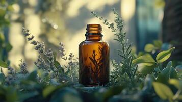 Amber glass bottle surrounded by greenery in natural sunlit setting photo