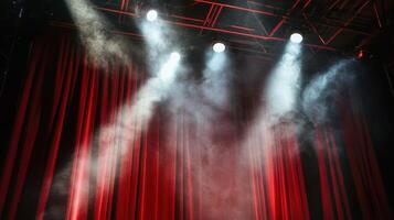 Dramatic red theater curtains under spotlight with smoky atmosphere photo
