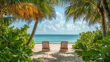 Tranquil beach with palm trees and sunbeds overlooking clear turquoise sea photo