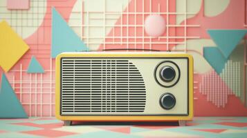 Retro radio with geometric background illustrating vintage aesthetics and design concept photo