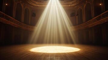 Majestic theater interior with spotlight illuminating empty stage atmosphere photo