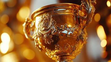 Golden trophy close-up reflecting success and achievement concept photo