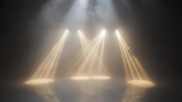 Dramatic stage lighting with beams and fog creating a theatrical atmosphere photo