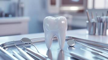 Pristine white tooth model surrounded by dental tools in clinical setting photo