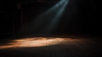 Dimly lit stage with spotlight illuminating wooden floor for dramatic concept photo
