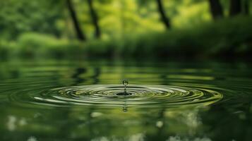 Serene water droplet creating ripples in tranquil green nature environment photo