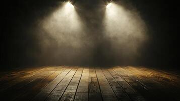 Dramatic empty wooden stage with spotlights and dark atmospheric ambience photo