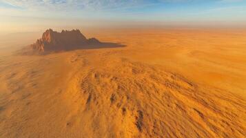 Expansive aerial view of arid landscape with rocky formation under blue sky photo
