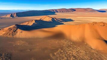Aerial view of expansive desert landscape with mountain ranges and sand dunes photo