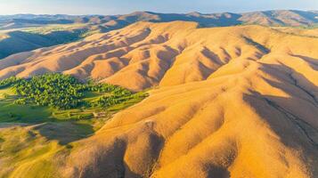 Aerial view of golden hills and green valley with sunlit evening landscape photo