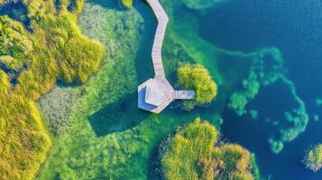 Aerial view of wooden walkway over lake with lush green vegetation and clear water photo