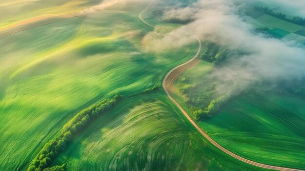 Aerial view of lush green countryside with winding road and misty clouds above expansive fields photo
