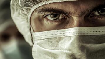 Focused healthcare professional in surgical mask and protective cap photo