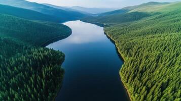 Aerial view of serene river surrounded by dense forest and rolling mountains photo