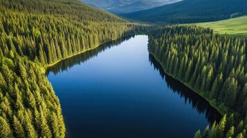Aerial view of serene lake surrounded by dense pine forest and rolling hills photo