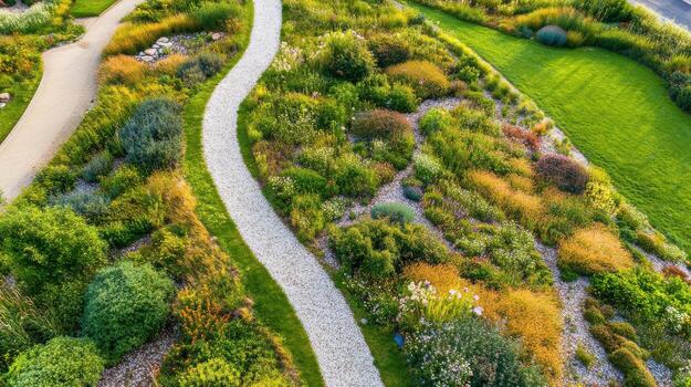 Aerial view of lush garden with winding pathway surrounded by greenery photo