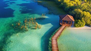Aerial view of serene overwater gazebo in tropical lagoon with crystal waters photo