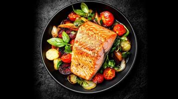 Grilled salmon fillet with roasted vegetables and fresh herbs on dark background photo