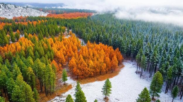 otoño bosque con vibrante naranja arboles en Nevado paisaje desde encima foto