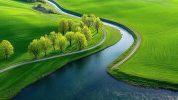 Aerial view of serene river bend and lush green fields under bright sunlight photo