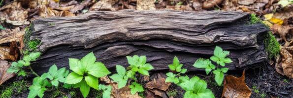 Fallen log in forest surrounded by lush green plants and autumn leaves photo