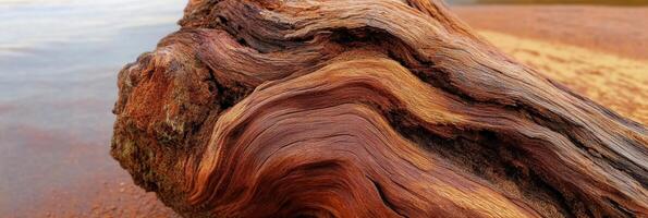 Close-up of weathered driftwood on a sandy beach by the water edge photo