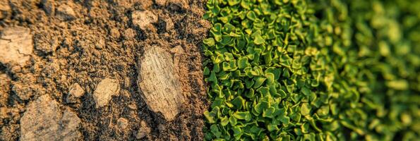 Transition of dry soil to vibrant green vegetation nature's beauty in contrast photo