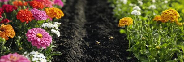 Colorful zinnia garden with bees pollinating vibrant flowers in bloom photo