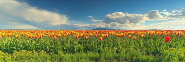 Vibrant tulip field blooming under a cloudy sky with mountain backdrop photo