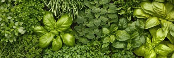Aerial view of fresh green herb variety including basil and mint leaves photo