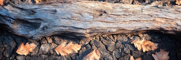Weathered log on cracked earth with scattered autumn leaves capturing nature's texture photo