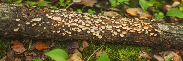 Mushroom growth on fallen tree log in lush forest environment photo