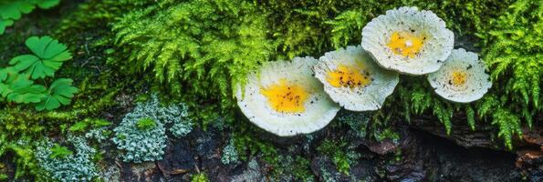 Close-up of vibrant yellow mushrooms on mossy forest log in natural habitat photo