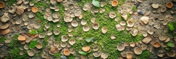Wild mushroom growth on forest floor with lush green moss and fallen leaves photo
