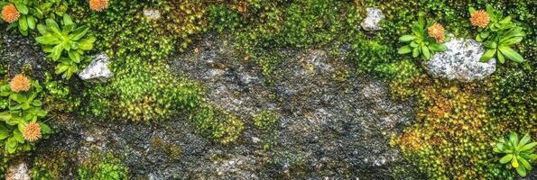 Lush green moss and vibrant orange flowers on stone surface captured in nature photo