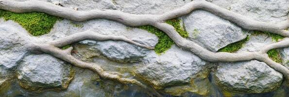 Natural roots intertwined with mossy rocks in an organic landscape composition photo