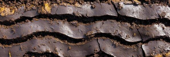 Close-up of muddy tire tracks in wet soil highlighting texture and depth photo