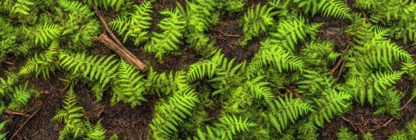 Lush green fern leaves on forest floor displaying natural patterns photo